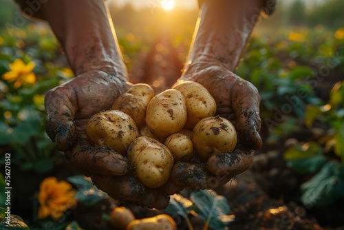 hands of a gardener holding fresh potatoes photo