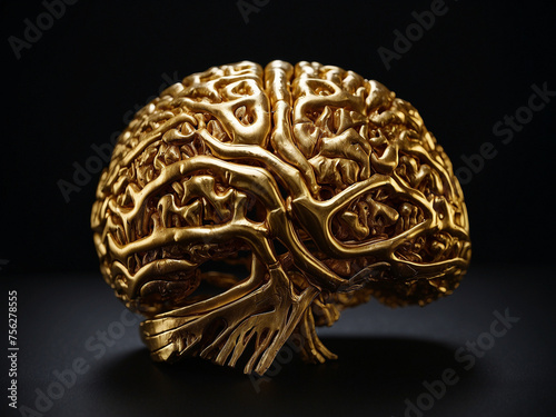 Golden Mind, Illuminated Human Brain on a Dramatic Black Background