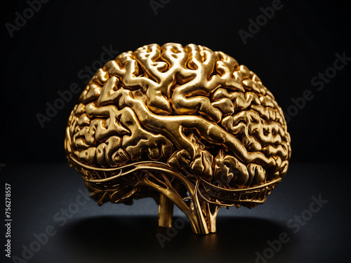 Golden Mind, Illuminated Human Brain on a Dramatic Black Background
