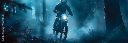 electric motocross bike rider, riding in forest at night, fog, volumetic lighting, sythwave, dark, motorcycle magazine cover