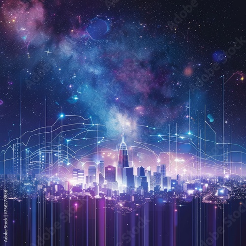 Un gráfico de crecimiento digital se eleva hacia un cielo estrellado, transformándose en constelaciones que representan las diversas plataformas de anuncios digitales