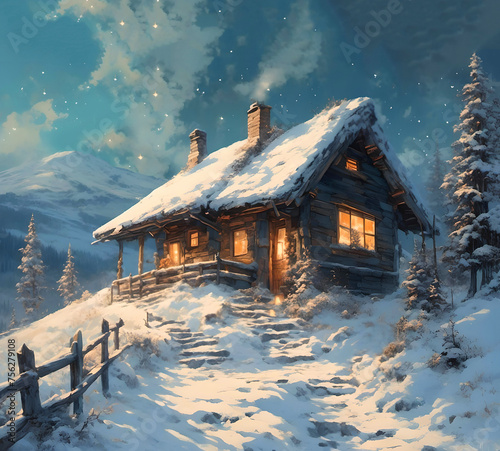 Cottage of Santa Claus on felltop winter evening