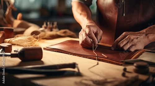 Handmade leather craftsmen make handmade wallets using natural leather at work.