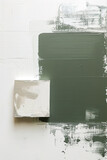 Samples of paint on the canvas/wall. Bold brushstrokes of an acrylic paint, beige and green tones
