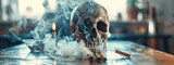Skull of a human smoke with cigarettes and smoke