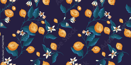 Abstract artistic floral stems with lemon, lime, flowers, buds, leaves seamless pattern. Vector hand drawn Illustration. Colorful summer branches with yellow fruits for print on a dark background