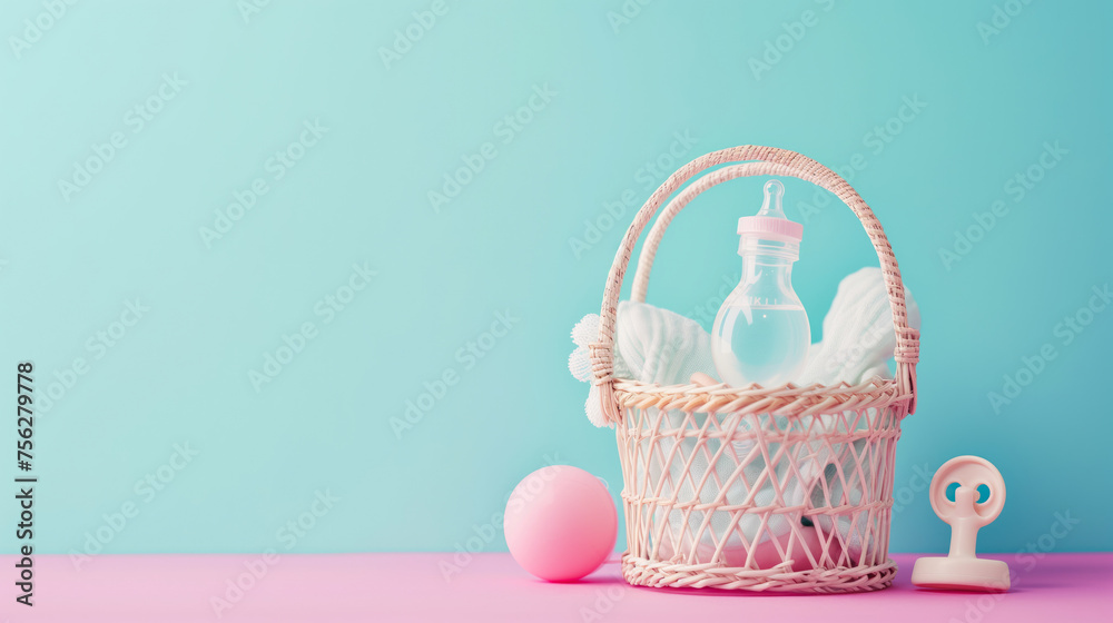 Postpartum basket on a blue background. New mom and pregnancy gift concept. Baby cosmetic and pacifier in basket. Free space for text, copy space. Postpartum basket on a blue background. New mom and pregnancy gift concept. Baby cosmetic and pacifier in basket. Free space for text, copy space.