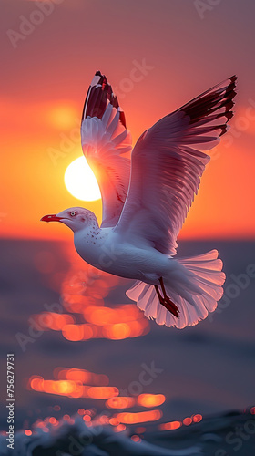 A seagull is flying over the ocean at sunset © BetterPhoto