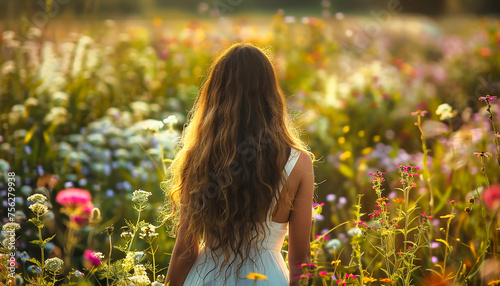 A long hair woman is standing in the middle of the blooming garden.