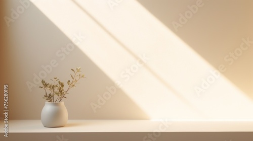 A minimalistic delicate light beige, Cream Interior with a vase of dried flowers, a background for a product presentation with light and an intricate shadow from a window on a wall with an empty space