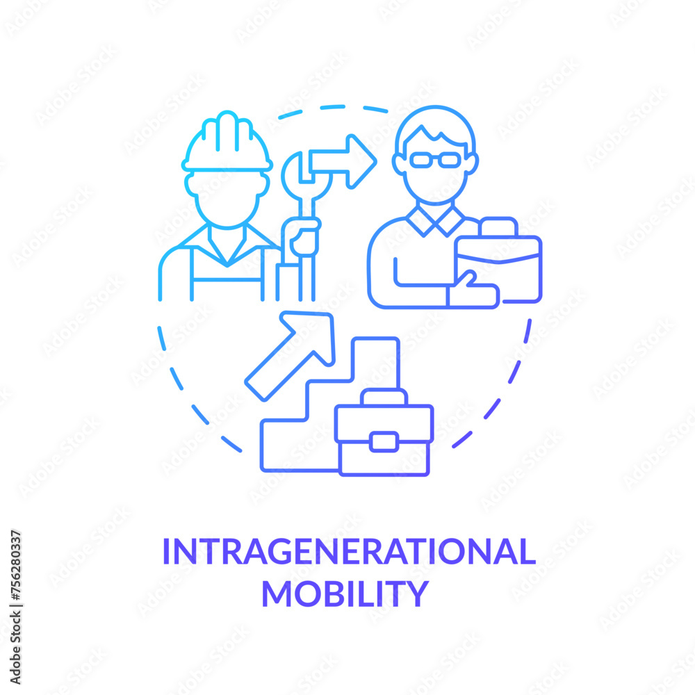 Intragenerational mobility blue gradient concept icon. Career progression. Shift from blue collar to white collar. Round shape line illustration. Abstract idea. Graphic design. Easy to use Intragenerational mobility blue gradient concept icon. Career progression. Shift from blue collar to white collar. Round shape line illustration. Abstract idea. Graphic design. Easy to use