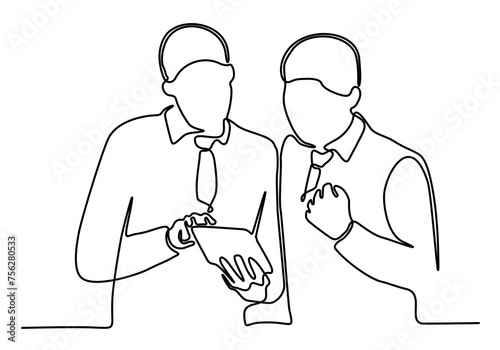 continuous line art vector illustration Colleagues discussing documents and ideas in the office.