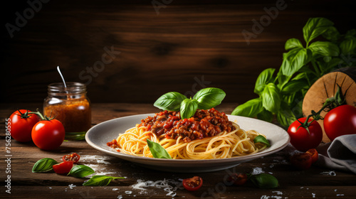Italian spaghetti on rustic wooden table. Mediterranea