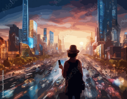 Eine Frau mit dem Smartphone in der hand sieht auf die Megacity.