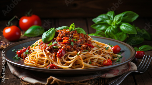 Italian spaghetti on rustic wooden table. Mediterranea