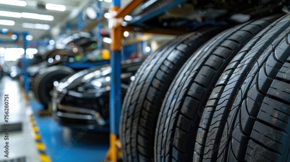 Car maintenance and care services Tires in a car repair center Tire distributor customers