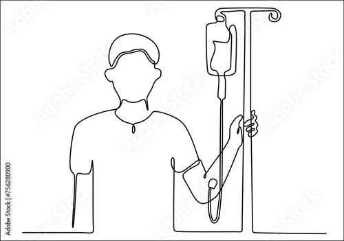 continuous line art vector illustration Bald man with pipette getting chemo treatment