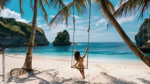 Beautiful girl on swing coconut palms on beach at Daimond beach, Nusa Penida island Bali ,Indonesia
