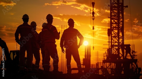 Silhouettes of a group of male engineers wearing hard hats and engineering uniforms Construction project management sunset