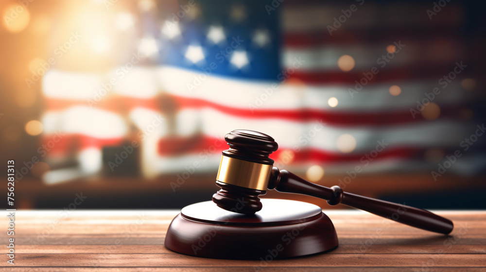 Judges wooden gavel with bokeh flag in the background - obrazy, fototapety, plakaty 