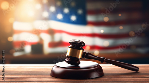 Judges wooden gavel with bokeh flag in the background