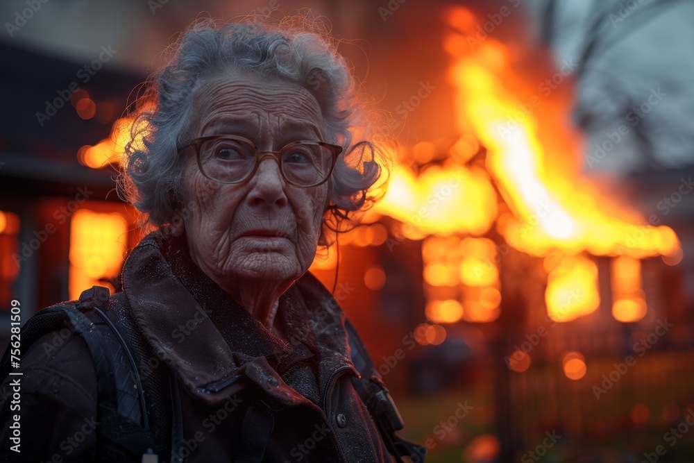 Sad senior woman in tears, backdrop of burning house with flames