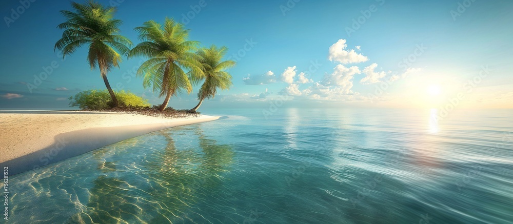 Peaceful tropical seascape, turquoise waters, blue skies, serene atmosphere, tranquil beauty, idyllic vacation setting. Generative AI