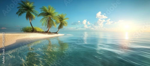 Peaceful tropical seascape, turquoise waters, blue skies, serene atmosphere, tranquil beauty, idyllic vacation setting. Generative AI