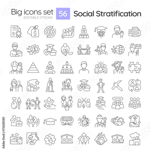 Social stratification linear icons set. Class system. Social hierarchy. Socioeconomic disparity. Customizable thin line symbols. Isolated vector outline illustrations. Editable stroke