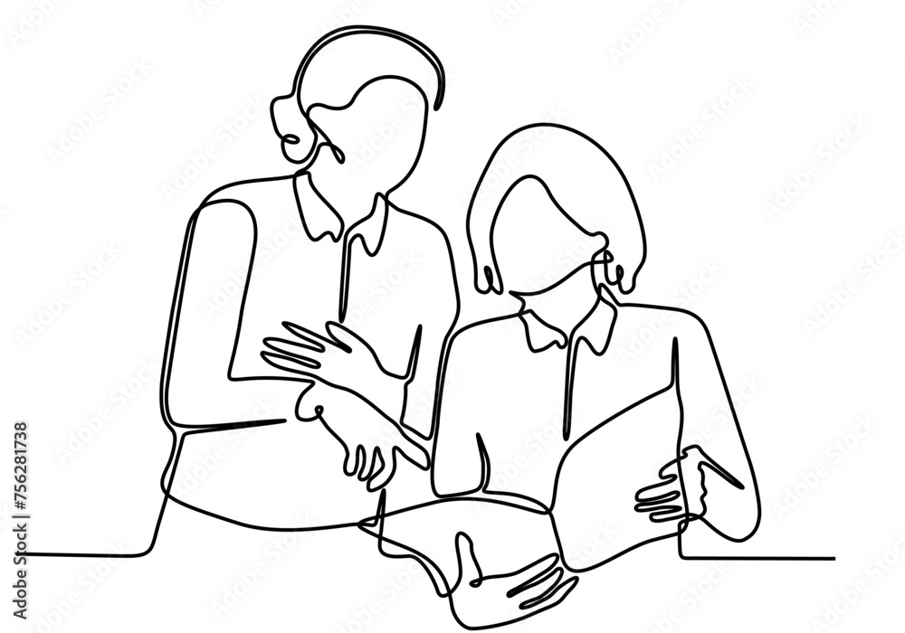 continuous line art vector illustration Woman reading a magazine and discussing fashion trends or articles by journalists with city news