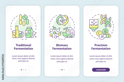 Types of fermentation onboarding mobile app screen. Food industry. Walkthrough 3 steps editable graphic instructions with linear concepts. UI, UX, GUI template. Myriad Pro-Bold, Regular fonts used