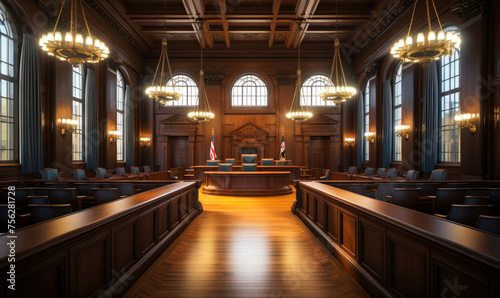 Elegant and traditional wooden courtroom interior with judge's bench, witness stand, and American flag symbolizing justice and legal proceedings © Bartek