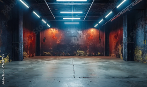 Mysterious empty warehouse interior with dim lighting and fluorescent lamps highlighting the spacious industrial atmosphere and dark, grungy walls photo