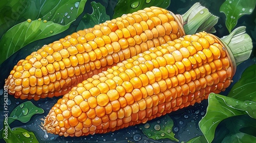 A white background showcases a colorful doodle-style illustration of corn, suitable for use in restaurant menus, web icons, and more. photo