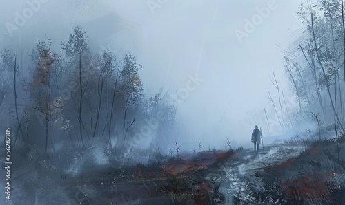 A lone figure braves the elements, their jeans and footwear soaked through as they trek through the foggy autumn forest, determined to reach their destination on the winding road photo