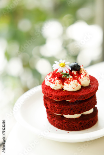 Red velvet cake on white table