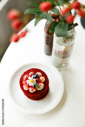 Red velvet cake on white table