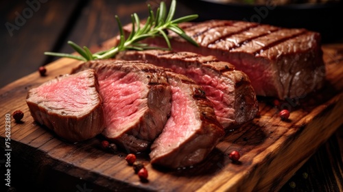 Steak cut into pieces on a wooden table. Delicious.