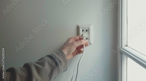 Man inserting cord into outlet on ivory wall.