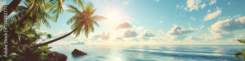 Island Daydream, Serene Beach Morning with Sunlit Palms. Vacation banner. Tourism and travel concept photo