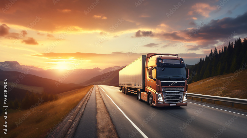 Loaded European truck on motorway in sunset light. 