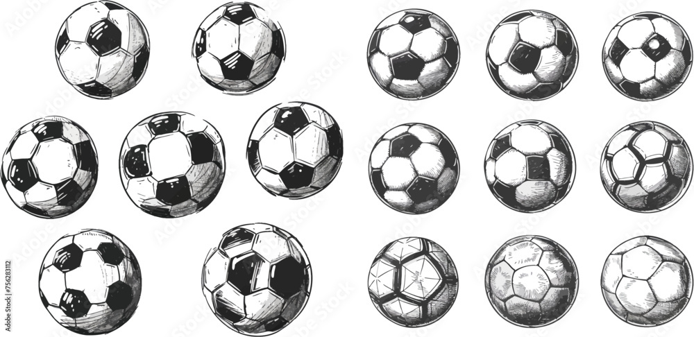 Naklejka premium Sketch soccer balls. Hand drawn flying association football ball