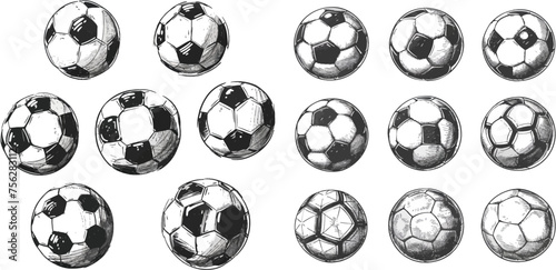 Sketch soccer balls. Hand drawn flying association football ball photo