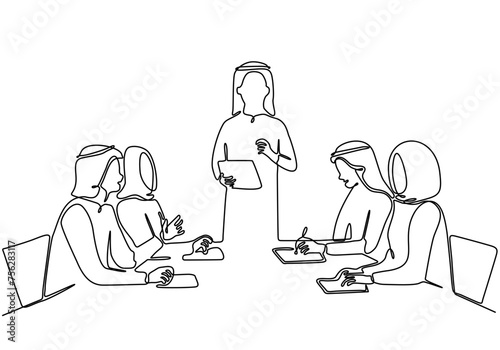 continuous line art vector illustration Arab businessman talking about meeting in office