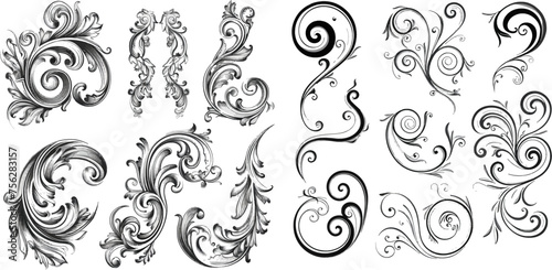 Swirl ornament strokes. Filigree swirl decoration, vintage scroll swirls
