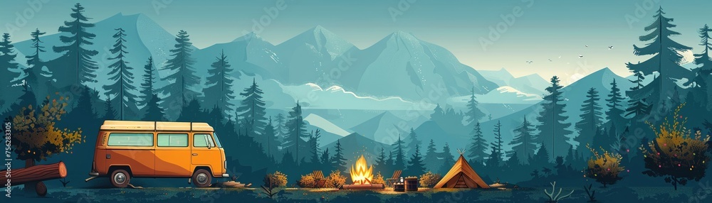 Camper van and tent in cartoon forest