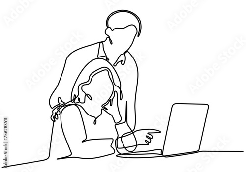 continuous line art vector illustration Granddaughter helps old grandmother with computer