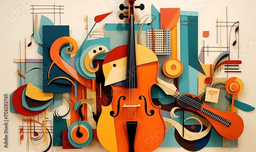 Abstract collage of vibrant cutout images of musical instruments and notes.