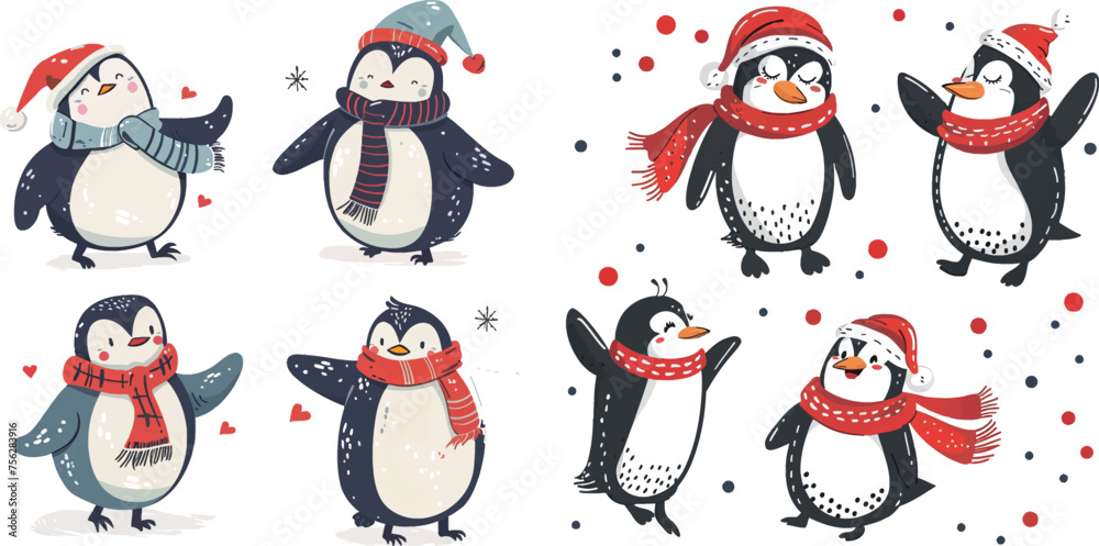 Cute holiday penguins. Christmas hand drawn penguins, xmas holiday winter penguin characters isolated vector illustration set