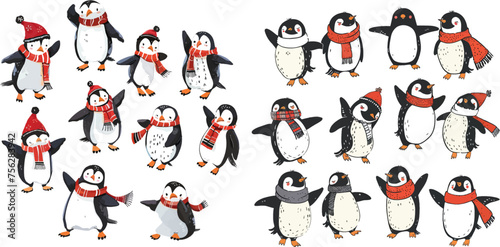 Funny holidays penguins. Character bird dancing in scarf to holiday